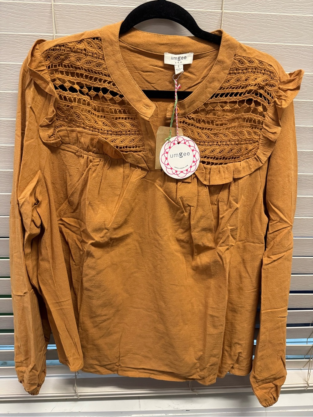 Umgee Mustard Crochet Yoke Ruffle Long Sleeve Top